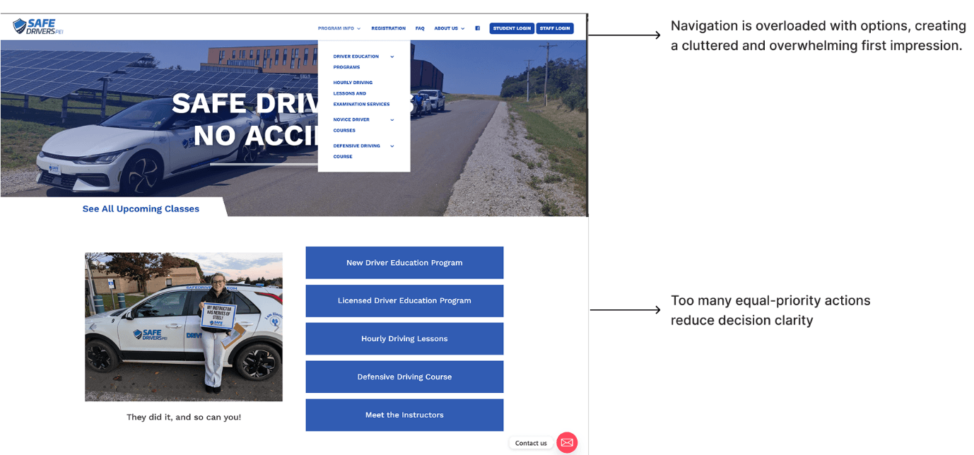 Competitor screenshot showing overloaded navigation and action clutter.