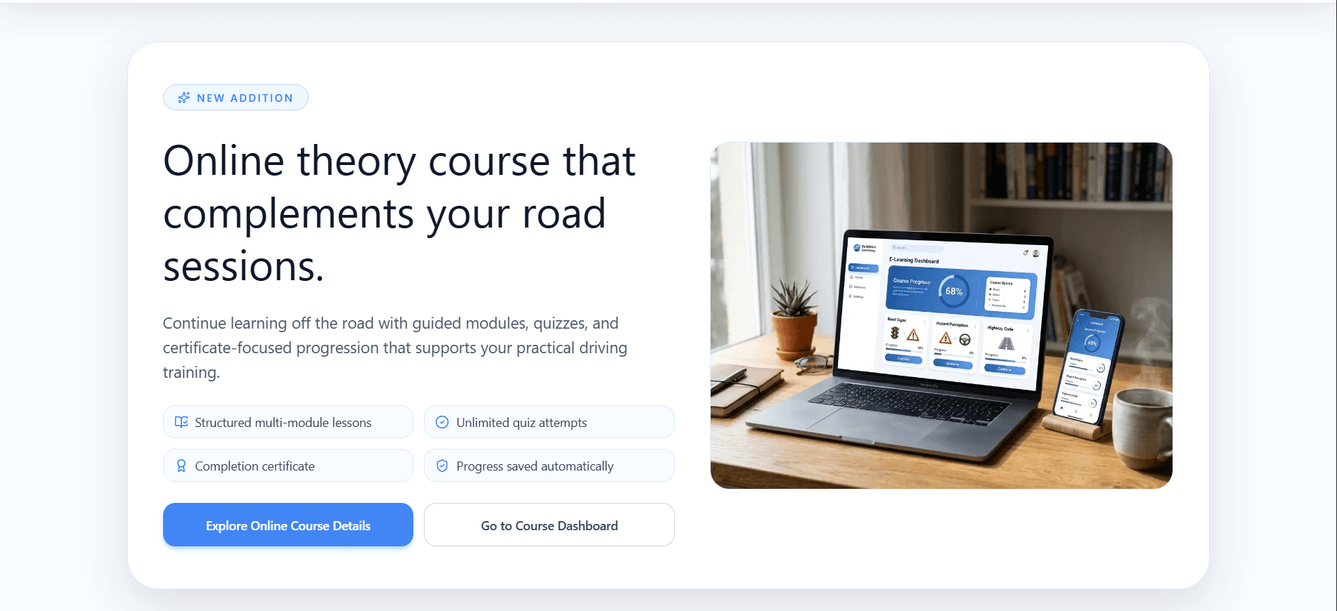 Online course section with benefits and focused action.